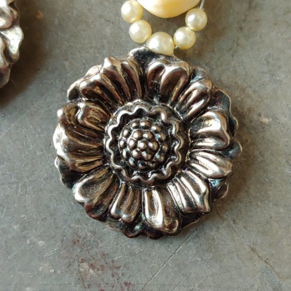 Handmade Earrings Silver Metal Flower and Pearl Bead Recycled Repurposed - Picture 2 of 6